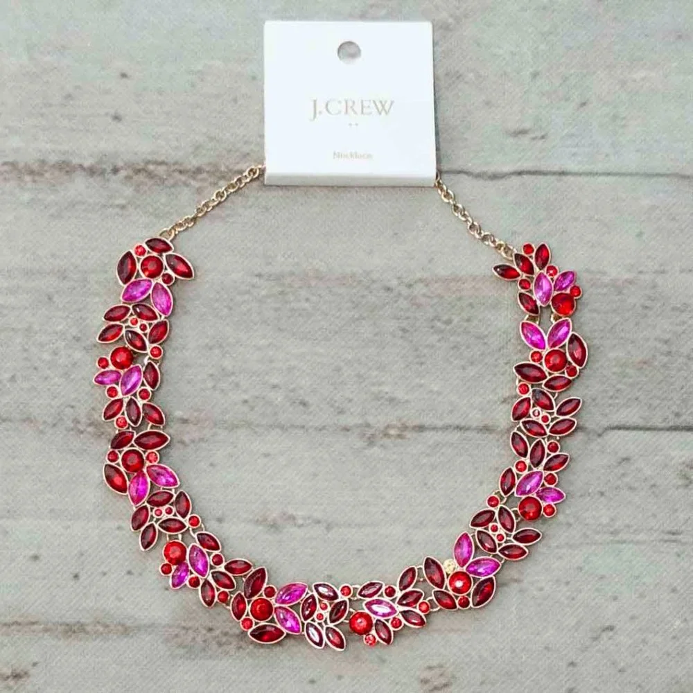 NWT J. Crew Pink and Red Crystal Leaves Statement Necklace - Picture 5 of 7